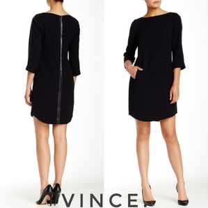 VINCE leather trim bracelet sleeve shift dress in black, size 0, XS